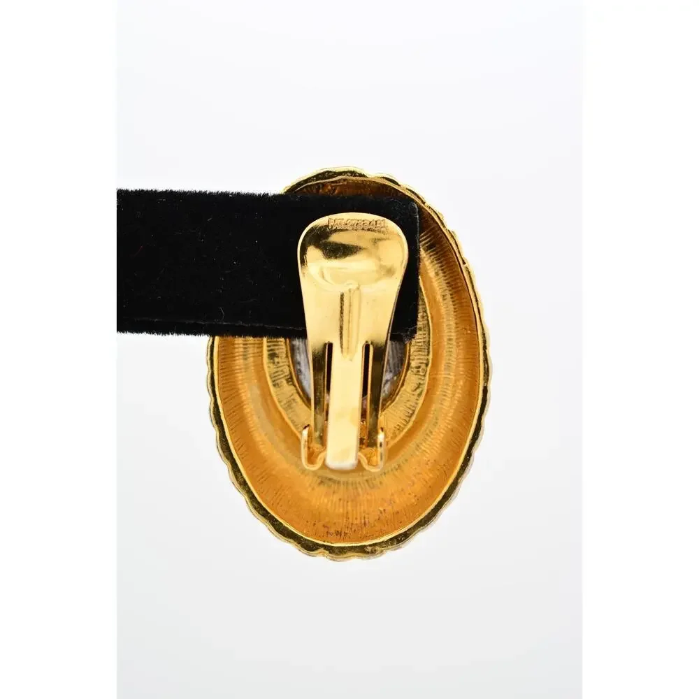 Vintage Black Cabochon Clip On Earrings Rhinestone Crystal Gold Chunky 80s BinAF